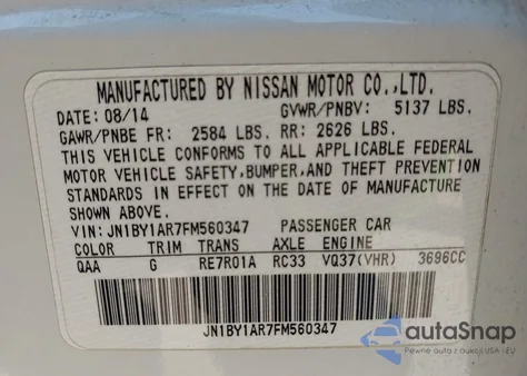 2015 Infiniti Q70 3.7X z USA, uszkodzony, nr VIN JN1BY1AR7FM560347